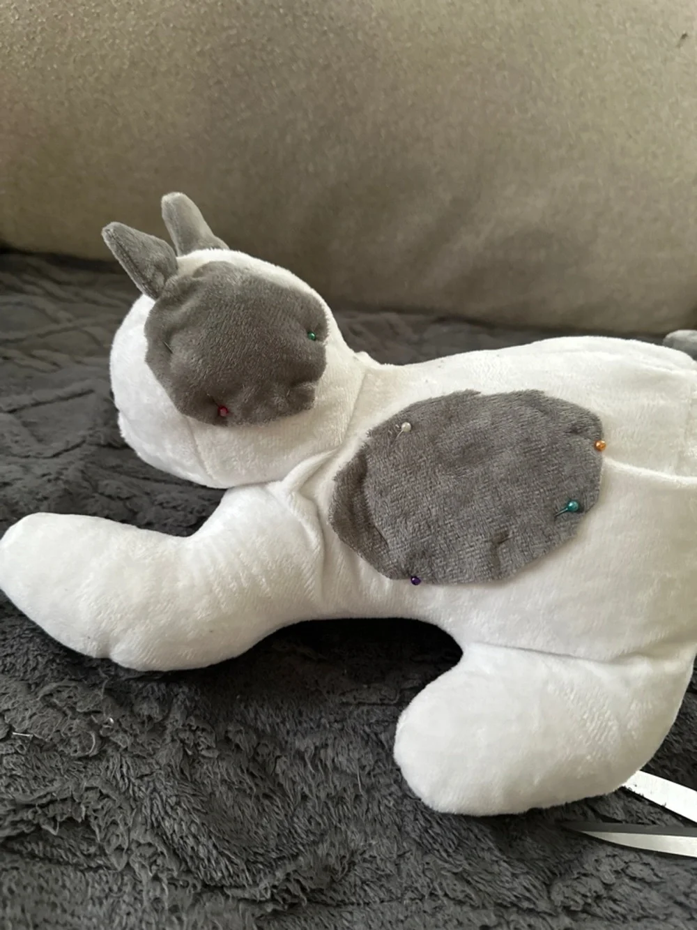 Handmade Plush White and Gray Cat Toy with Pink Nose - Soft Pet Playmate